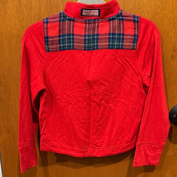 Vineyard Vines Kids Red Quarter-Zip Hoodie with Plaid Accents - Picture 4 of 5